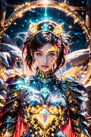 Amaterasu, ( glow Diamond armor:1.5),Multiple magic_circle,fantasy,Starry night sky ,Shadow effect