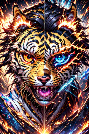 tiger,(glowing eyes:1.),(red burning eye:1.2) ,(blue thunder eye:1.2),glow