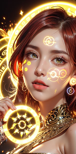 (goddess,bride,gaia),(red_short_hair:1.3),(Gorgeous sacred yellow glowing pattern:1.3),((dark background)),glowing text(" yellow magic_circle on face":1.7),(Upper face pattern ,glowing_bits),