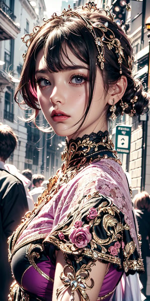 Angelic face, gothic lolita dress,(complex gorgeous pattern_clothing:1.3),street scene .(purple and white entanglement), (red and lace entanglement),Exquisite details and textures,High Detail,detailed ,Texture Mapping,more detail,(pink tones:1.2)