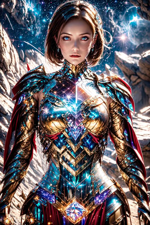 iron woman, ( brightness crystal armor:1.4),Starry night sky ,Outer space view,Edge light