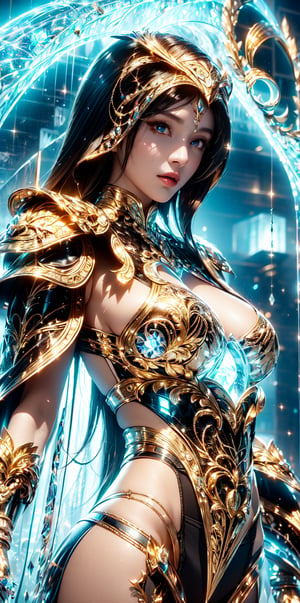 (goddess,venus,iron woman),busty,(Intricate luminous armor design:1.2),white plasma electromagnetic shield,crystal and silver entanglement,Star flash,(Persian Paisley clothes),