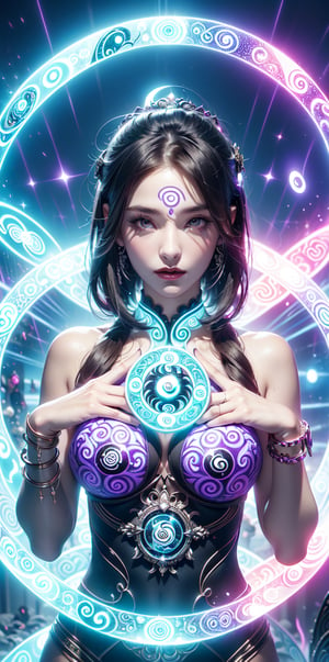 (goddess,bride,gaia),(Gorgeous sacred purple glowing pattern:1.3),naked,busty,Fair face radiates radiance,((dark background)),glowing text("yin_yang magic_circle":1.3) on body,(Upper body pattern ,glowing_bits),