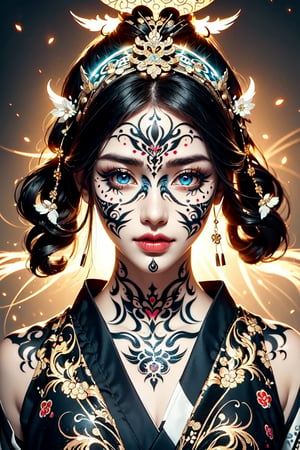 (Onmyoji,miko,geisha),long hair, smile,bare,bangs,hair beads,snowflake hair ornament, lolita hairband,blue eye,golden_eye, black hair, holy pattern on the right face, devil pattern on the left face,(face pattern tattoos, glowing_bits), (Intricate glowing Patterned tattoos :1.4)
