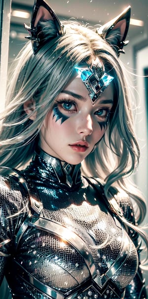 (Husky ears),(supergirl), heterochromatic eyes, iron armor, ice and snow, incomparable details, incomparable beauty, incomparable delicacy,(Black and white entanglement), (crystal and silver entanglement)