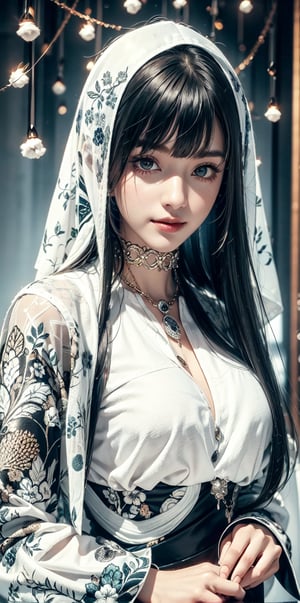 1girl, solo, long hair, smile, bangs, green eyes, black hair|white hair, multicolored hair, choker, blunt bangs, two-tone streaked hair, (gorgeous pattern cotton dress:1.5), Japanese shawl|Yatagarasu mark,closed mouth,  ascot,red capelet, black and white entanglement,Fair and flawless face,above waist
