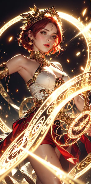 (goddess,bride,gaia),(red_short_hair:1.3),(Gorgeous sacred yellow glowing pattern:1.3),((dark background)),glowing text(" magic_circle on face":1.3),(Upper face pattern ,glowing_bits),
