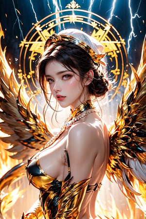 ((archangel)),(naked),(glowing eyes),(fire eye),(lightning),(thunder),(magic circle),best quality, masterpiece, beautiful and aesthetic, 16K, (HDR:1.4), high contrast, bokeh:1.2, lens flare, (vibrant color:1.4), (muted colors, dim colors, soothing tones:0), cinematic lighting, ambient lighting, sidelighting, Exquisite details and textures, cinematic shot, Warm tone, (Bright and intense:1.2), wide shot, by playai, ultra realistic illustration, siena natural ratio, anime style, (Renaissance fantasy theme:1.2), (cute girl costume:1.4), half body view, long length layered bob cut, (expressionless:0.8), Orange bracelet, wearing a beautiful white outfit and furry white hat. Vintage art style, a beautiful Swedish girl, icy eyeshadow, Pale skin, a pearl necklace, Mistyrose-hued portrait blending styles of John Raymond Garrett, Richard Corben, Gahan Wilson, featuring detailed facial features with sharp eyes and soft skin texture, chiaroscuro lighting, high contrast, pen and ink, ultra fine detailing.
