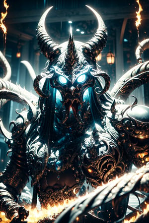 Imagine a scene in a Japanese-style fantasy world, where General Cthulhu reigns supreme,Tentacles face,Clad in ancient warrior garb, he wears a fearsome oni mask, its dark armor resembling the texture of beast skin, etched with unsettling patterns. In his hand, he wields a colossal katana, its blade radiating an aura of primal power.,samurai,LegendDarkFantasy,black and white entanglement,crystal and silver entanglement,