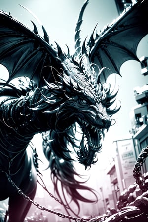 dragon,(Black and white entanglement:1.5), street scenery,High Detail,masterpiece,best quality,more detail,Hyper Quality,detailed,more detail