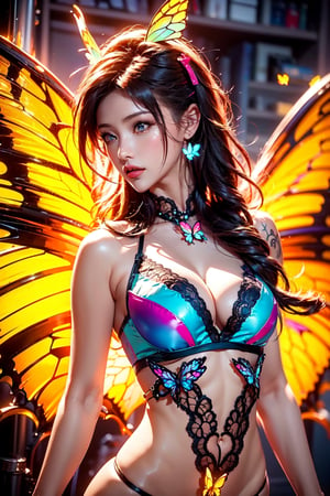 (fire wings),(upper body tattoo),(lightning wings),((Lace lingerie)),(RAW photo, best quality), (realistic, photo-Realistic:1.3), ultra realistic illustration, siena natural ratio, (unreal engine 5:1.15),4K, HDR10, vibrant colors, (muted colors, dim colors, soothing tones:0), (volumetric lighting), Exquisite details and textures, cinematic shot, Warm tone, (Bright and intense:1.2), f/2.0 apperture, ISO 600, cowboy shot above the waist , full frame, by Ben11, looking at the viewer, 20yo girl, sexy neighbour's wife, kawaii, beautiful [Indian:spanish: 0.5] girl, wearing beautiful dress,((neon colors:1.3, butterfly wings:1.3)),amazing details, god rays, iridescent,glowing_bits,afterglow (bang dream!), 135mm IMAX,1 girl,