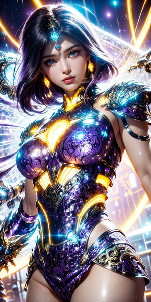 (goddess,Saint Seiya,iron woman),busty,(Intricate luminous armor design:1.3),(yellow plasma electromagnetic shield),crystal and silver entanglement,Soft Pink,(Persian Paisley clothes),(purple tone:1.5)