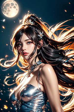 The ethereal and perfect goddess, her face is as bright and clear as the bright moon, her long shining hair is all over the background, and her hair is flying in the strong wind.crystal and silver entanglement