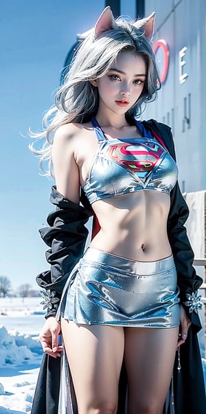 (Husky ears),(supergirl), heterochromatic eyes,(bralettes:1.2) ,(chiffon skirt:1.2), ice and snow, incomparable details, incomparable beauty, incomparable delicacy,(Black and white entanglement), (crystal and silver entanglement)