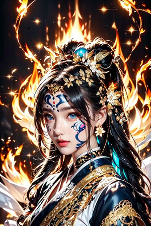 (Onmyoji,miko,geisha),long hair, smile,bare,bangs,hair beads,snowflake hair ornament, lolita hairband,blue eye,golden_eye, black hair, holy pattern on the right face, devil pattern on the left face,(face pattern, glowing_bits), (Intricate fire gold Patterned :1.4),body pattern 