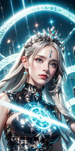 (goddess,bride,gaia),(white_long_hair:1.3),(Gorgeous sacred silver glowing pattern:1.3),((dark background)),glowing text(" magic_circle on face":1.3),(Upper face pattern ,glowing_bits),