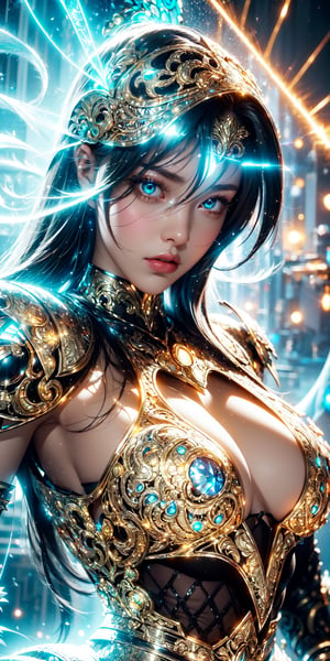 (goddess,Saint Seiya,iron woman),busty,(Intricate luminous armor design:1.3),(white plasma electromagnetic shield),crystal and silver entanglement,Soft Pink,(Persian Paisley clothes)