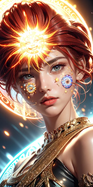 (goddess,bride,gaia),(red_short_hair:1.3),(Gorgeous sacred yellow glowing pattern:1.3),((dark background)),glowing text(" sun magic_circle on face":1.7),(Upper face pattern ,glowing_bits),