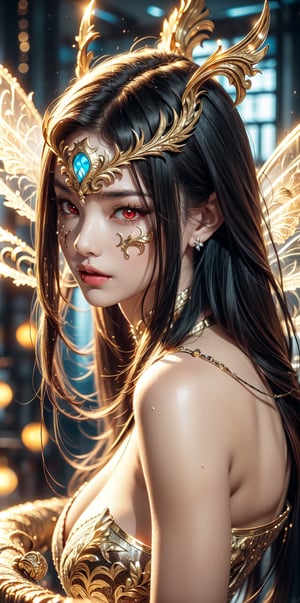 (Saint Seiya,samurai,dragoness),(Gorgeous sacred fairy glowing pattern:1.3),(lace sexy mask:1.2),(red eyes:1.3),sexy pose,