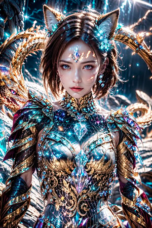 iron woman, ( brightness crystal armor:1.5),Starry night sky ,Outer space view,Edge light,fox ears,glowing frontlet,dragon facial_pattern,lightning eye,glowing eye, crystal hair