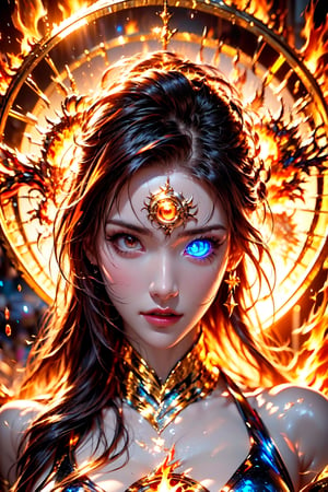 ((holy light)), ((fire)), ((ice)), ((magic circle)), (RAW photo, best quality), (realistic, photo-Realistic:1.3), ultra realistic illustration, siena natural ratio,  1 girl,glowing forehead,(glowing eye),( fire eye),
