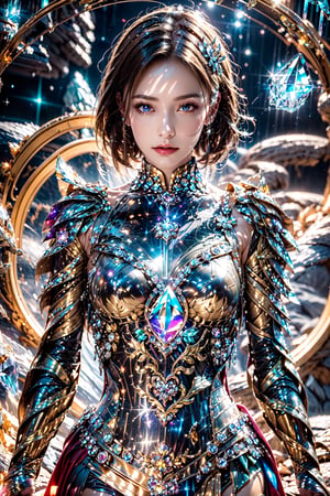 iron woman, ( brightness crystal armor:1.5),Multiple magic_circle,fantasy,Starry night sky ,Outer space view,Edge light