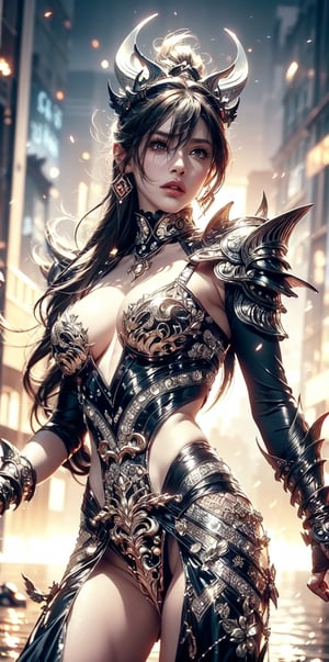 (Female paladin,Onmyoji, Saint Seiya),pink lace lace lingerie , silver armor over clothes,(complex Gorgeous dragon pattern armor), city. masterpiece, beautiful and aesthetic, 8K, HDR, high contrast,raw photo, best quality, realistic, photo-Realistic,  high contrast, vibrant color, muted colors, cinematic lighting, ambient lighting, sidelighting, Exquisite details and textures,ultra realistic illustration, siena natural ratio,(white tones:1.3),(shiny skin, fair skin),(lake|Enchantment),(crystal magic_circle),Black and white entanglement,crystal and silver entanglement,post apocalyptic