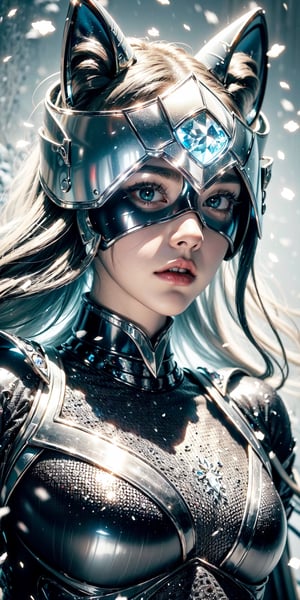 (Husky ears),(supergirl), heterochromatic eyes, iron armor, ice and snow, incomparable details, incomparable beauty, incomparable delicacy,(Black and white entanglement), (crystal and silver entanglement)