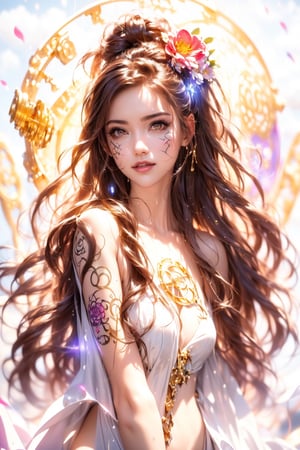 (((sunlight))),  Makeup, More Detail, GdClth, (((magic circle))), (((shine))), (((brown hair child))), (((golden eyes))), (((flower))), (((facial pattern))), (((rain))), (((Random hairstyle))), (((happiness))), (((golden beam))), (((golden runes))), (((facial tattoo))), (((cloud))),ghost costume