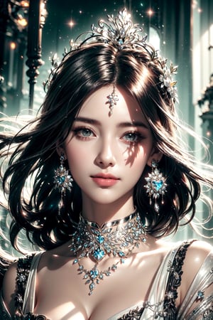 The beauty of the goddess is like the warm and gentle sunshine in the spring morning, emitting a soft radiance and a heart-warming smile. She wears gorgeous crowns, forehead ornaments, earrings, necklaces and shawls, her starry platinum hair flows in the wind,which is amazingly beautiful.(Black and white entanglement), (crystal and silver entanglement)
