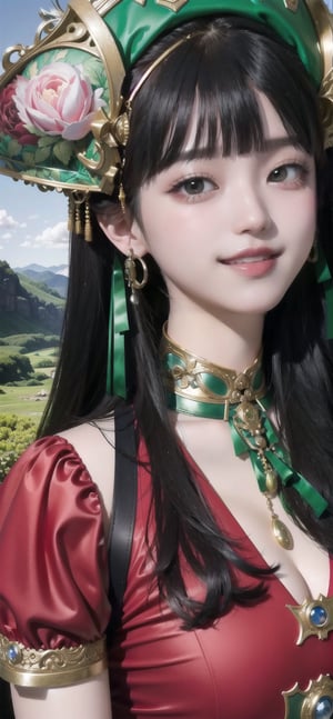 (masterpiece),(((20 year old))) ((best quality)), ((True Color)), Vintage Retro Photography, ultra-detailed, (Fashion Editorial), (illustration),  (dynamic angle), (Portrait),  (woman), ((detailed face)), (extra long hair), (Red and Green dress), beautiful detailed Green eyes, (mystical landscape), (good anatomy), Smile, 