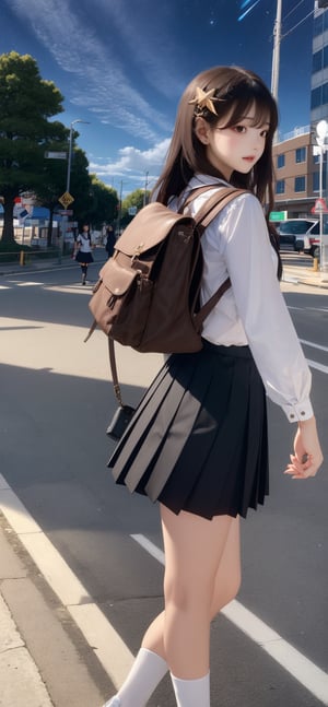 (fulldetail), (4k), 8k, long hair, multiple girls, skirt, shirt, black hair, hair ornament, long sleeves, dress, 2girls, school uniform, white shirt, pleated skirt, outdoors, sky, shoes, socks, black skirt, bag, from behind, two side up, tree, night, holding hands, backpack, building, sneakers, star \(sky\), night sky, scenery, starry sky, walking, shoulder bag, city, sign, road, lamppost, street, midjourney, perfect face, perfect body, ((perfect hands:1.3)), perfect legs