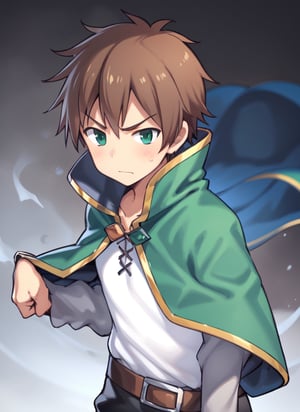 1boy, anime, short hair, brown hair, green eyes, cape, green cape, white shirt, black pants, brown belt, 1boy, serious, gray sleeves, black pants, 