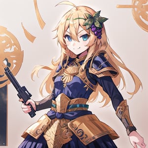 1girl, solo, blonde hair, long hair, hair between eyes, blue eyes, ahoge, bair, hair ornament, grapes ornament, long sleeves, pointing a gun at the camera, xuer pistol, black uniform, small breasts, collar, evil smile, evil eyes, 10yo, ,marb1e4rmor, armor, gold armor