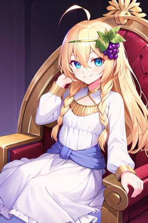 1girl, solo, blonde hair, long hair,hair between eyes, blue eyes,ahoge, braid, hair ornament, grapes, hair ornament, white dress, long sleeves, gradient dress, layered dress, dress, white dress, (sitting:1.1), (trone, gold trone:1.2), palace, (evil smile, evil eyes:1.2), upper body, closed mouth, hand on head, head leaning on hand, blue eyes