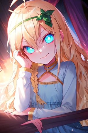 1girl, solo, blonde hair, long hair,hair between eyes, blue eyes,ahoge, braid, hair ornament,grapes, blue dress, long sleeves, gradient dress, layered dress, dress, white dress, (sitting:1.1), (trone, gold trone:1.2), palace, (evil smile, evil eyes:1.4), upper body,edgGesugao, closed mouth, hand on head, head leaning on hand, blue eyes