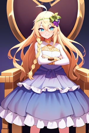 1girl, solo, blonde hair, long hair,hair between eyes, blue eyes,ahoge, braid, hair ornament,grapes, blue dress, long sleeves, gradient dress, layered dress, dress, white dress, (sitting:1.1), (trone, gold trone:1.2), pose, palace, evil smile, evil eyes, evil posing