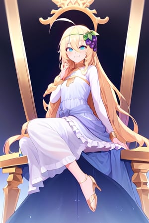 1girl, solo, blonde hair, long hair,hair between eyes, blue eyes,ahoge, braid, hair ornament,grapes, blue dress, long sleeves, gradient dress, layered dress, dress, white dress, (sitting:1.1), (trone, gold trone:1.2), pose, palace, evil smile, evil eyes, evil posing