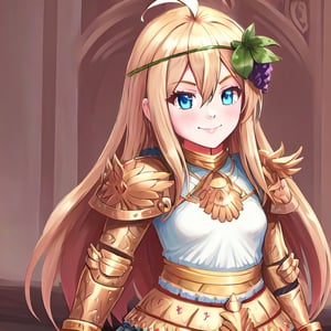 1girl, solo, blonde hair, long hair, hair between eyes, blue eyes, ahoge, bair, hair ornament, grapes ornament, long sleeves, small breasts, collar, evil smile, evil eyes, 10yo, armor, gold armor, girl