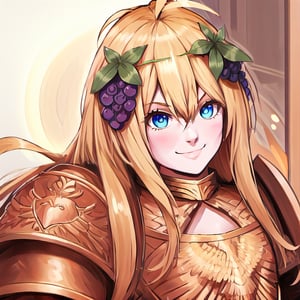 1girl, solo, blonde hair, long hair, hair between eyes, blue eyes, ahoge, bair, hair ornament, grapes ornament, long sleeves, small breasts, collar, evil smile, evil eyes, 10yo, armor, gold armor, girl