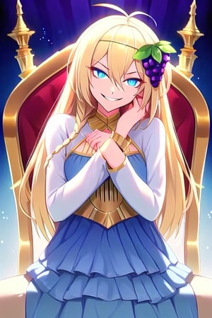 1girl, solo, blonde hair, long hair,hair between eyes, blue eyes,ahoge, braid, hair ornament,grapes, blue dress, long sleeves, gradient dress, layered dress, dress, white dress, (sitting:1.1), (trone, gold trone:1.2), palace, (evil smile, evil eyes:1.4), upper body,edgGesugao, closed mouth, hand on head, leaning on his hand, head leaning on hand
