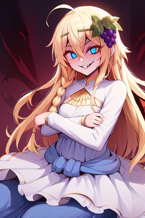 1girl, solo, blonde hair, long hair,hair between eyes, blue eyes,ahoge, braid, hair ornament,grapes, blue dress, long sleeves, gradient dress, layered dress, dress, white dress, (sitting:1.1), (trone, gold trone:1.2), pose, palace, (evil smile, evil eyes:1.4), upper body,edgGesugao