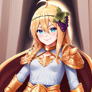 1girl, solo, blonde hair, long hair, hair between eyes, blue eyes, ahoge, bair, hair ornament, grapes ornament, long sleeves, small breasts, collar, evil smile, evil eyes, 10yo, armor, gold armor, girl