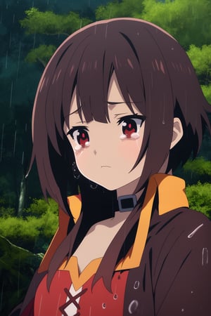 1girl, megumin, Megumin, portraithighly detailed, high quality, good color mix, (full rear and panoramic shot), solo, sad atmosphere, (eyes with tears, looking down), red dress, in a forest with a noticeable heavy rain, detailed background, portrait, illustration, brown hair, short hair