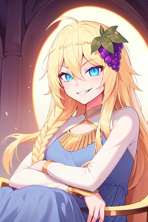 1girl, solo, blonde hair, long hair,hair between eyes, blue eyes,ahoge, braid, hair ornament,grapes, blue dress, long sleeves, gradient dress, layered dress, dress, white dress, (sitting:1.1), (trone, gold trone:1.2), pose, palace, (evil smile, evil eyes:1.4), upper body