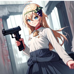 1girl, solo, blonde hair, long hair, hair between eyes, blue eyes, ahoge, bair, hair ornament, grapes ornament, nazi uniform, long sleeves, fbi uniform, crime scene background, pointing a gun at the camera, xuer pistol, black uniform, small breasts, 1 pistol, collar, evil smile, evil eyes, 10yo, ranoa magic academy school uniform 