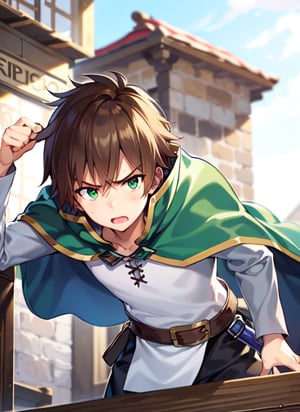 1boy, anime, short hair, brown hair, green eyes, cape, green cape, white shirt, black pants, brown belt, 1boy, serious, gray sleeves, black pants, 