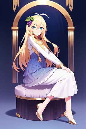 1girl, solo, blonde hair, long hair,hair between eyes, blue eyes,ahoge, braid, hair ornament,grapes, blue dress, long sleeves, gradient dress, layered dress, dress, white dress, (sitting:1.1), (trone, gold trone:1.2), pose, palace, evil smile, evil eyes, posing