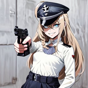 1girl, solo, blonde hair, long hair, hair between eyes, blue eyes, ahoge, bair, hair ornament, grapes ornament, nazi uniform, long sleeves, fbi uniform, crime scene background, pointing a gun at the camera, xuer pistol, black uniform, small breasts, 1 pistol, collar, nazi uniform, tgag, nazi, Nazi red ribbon, red ribbon, evil smile, evil eyes, 10yo, 