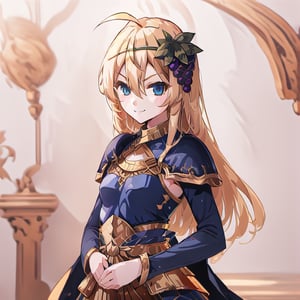 1girl, solo, blonde hair, long hair, hair between eyes, blue eyes, ahoge, bair, hair ornament, grapes ornament, long sleeves, small breasts, collar, evil smile, evil eyes, 10yo, ,marb1e4rmor, armor, gold armor